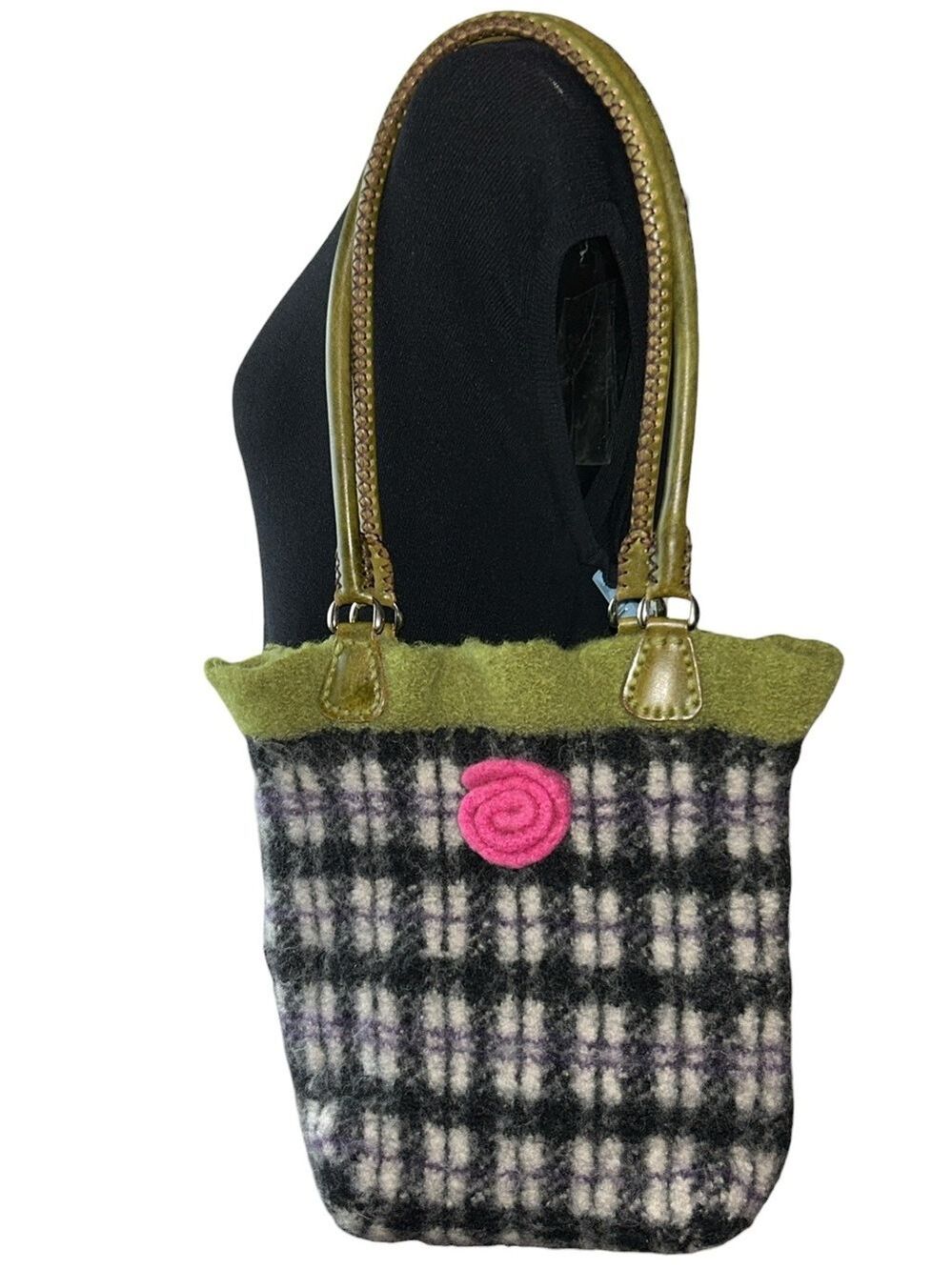Scarlett Dahlia Felted Wool Plaid Bag Flower Accent and Leather Shoulder Straps